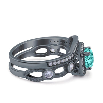 Two Piece Art Deco Wedding Ring Band Round Black Tone, Simulated Paraiba Tourmaline CZ 925 Sterling Silver